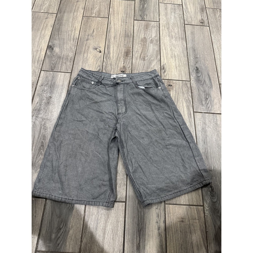 GS115 Men's Grey Denim Baggy Relaxed Fit Jean Shorts Size 34 Button Zip Fly